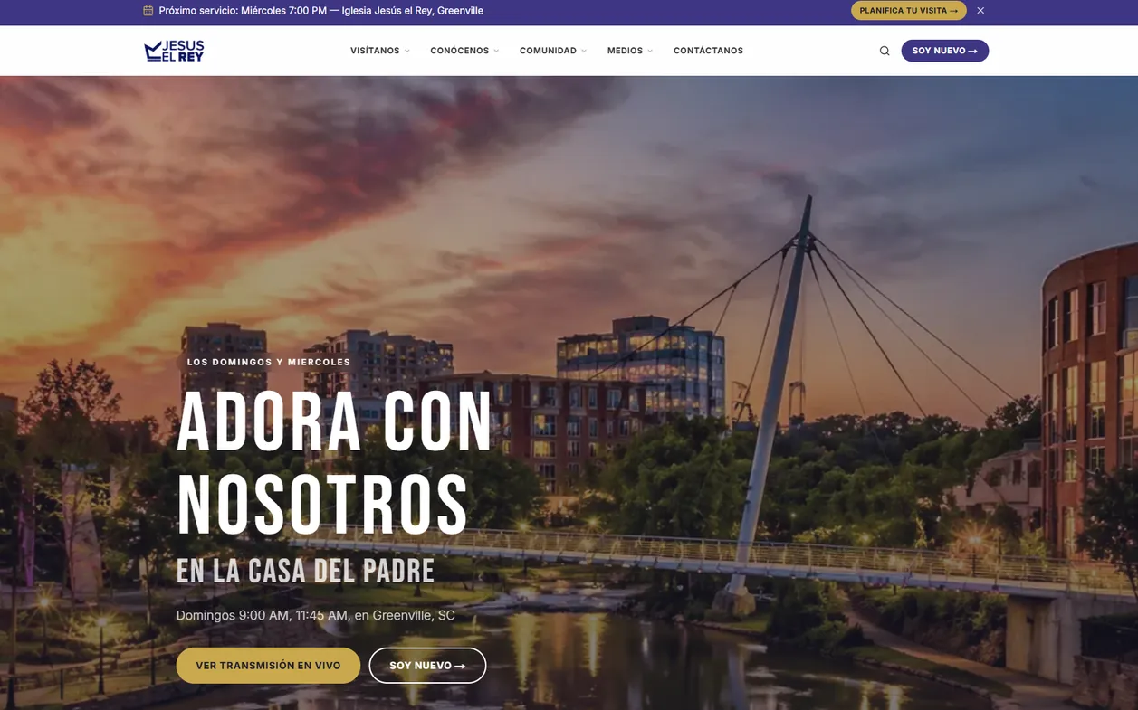 Inicio de la página web que hicimos para Iglesia Jesús el Rey, Greenville, SC